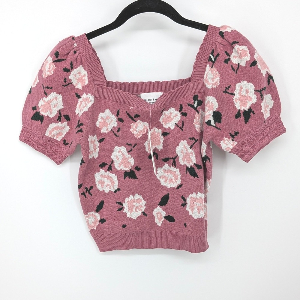 Cottagecore Floral Knit Top Women Small Mauve Pink Puff Sleeve Square Neck Girly